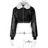 Cropped Thick Faux Leather Zipper Jacket With Faux Fur Collar