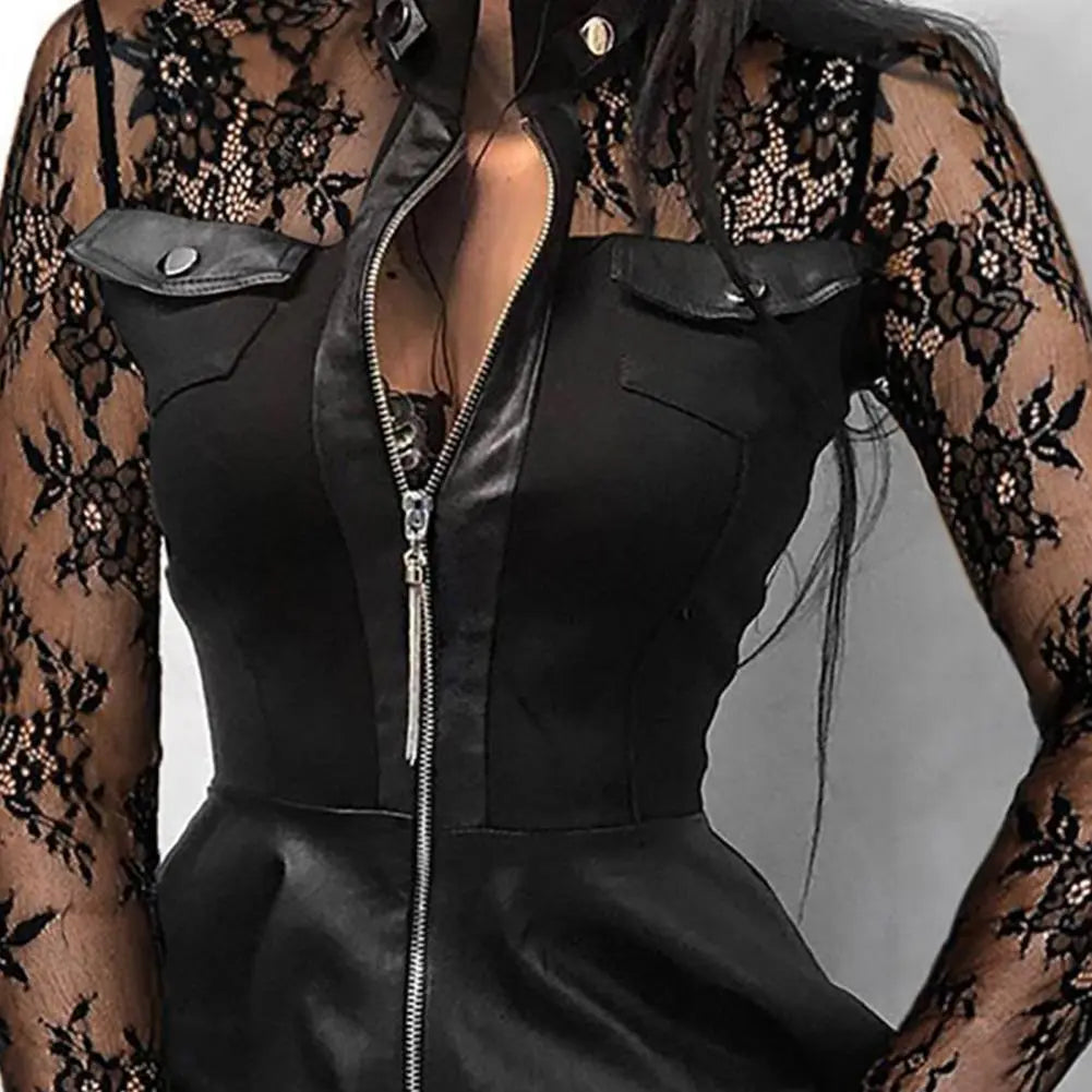 Faux Leather Lace Mini Dress - Your Shiny Clothes