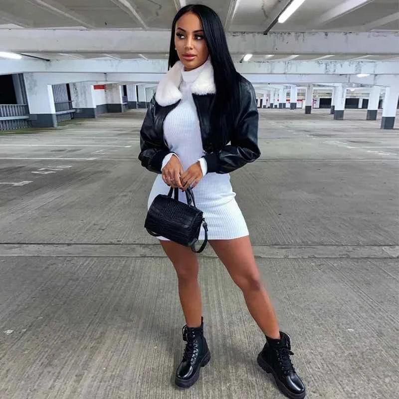 Cropped Thick Faux Leather Zipper Jacket With Faux Fur Collar