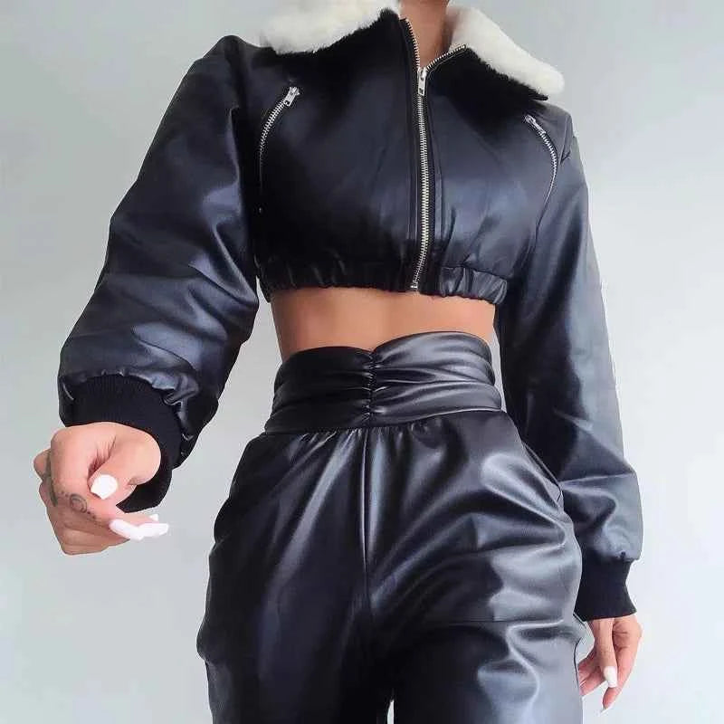 Cropped Thick Faux Leather Zipper Jacket With Faux Fur Collar