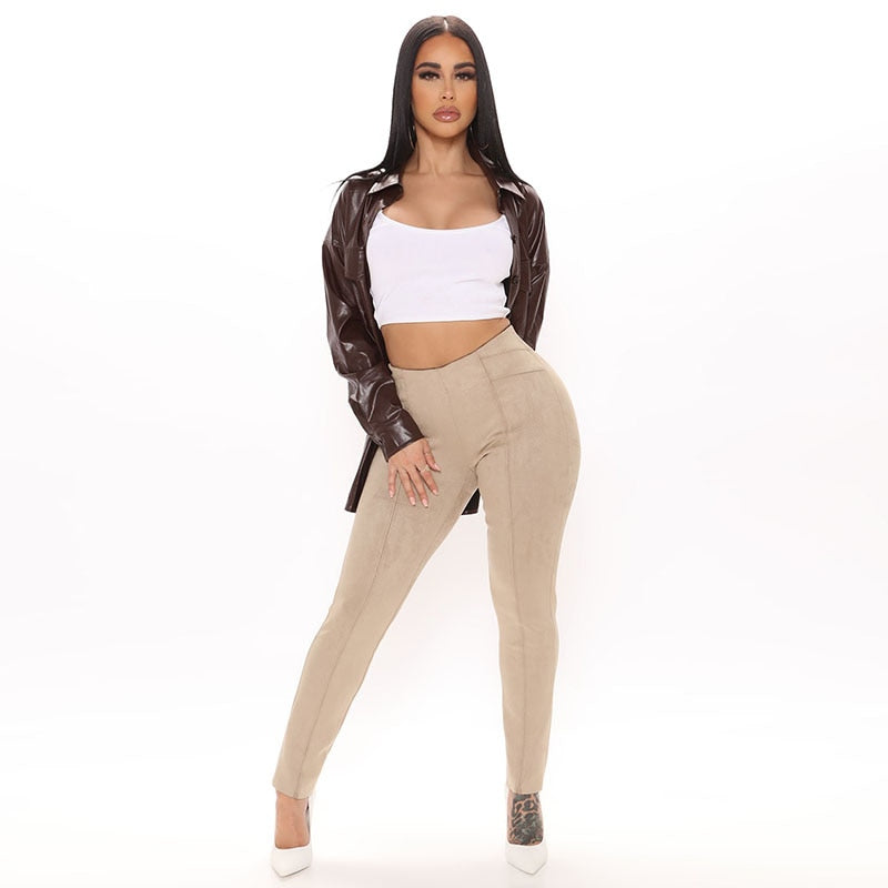 Plus Size Stretch High Waist  Faux Suede Leggings - Your Shiny Clothes