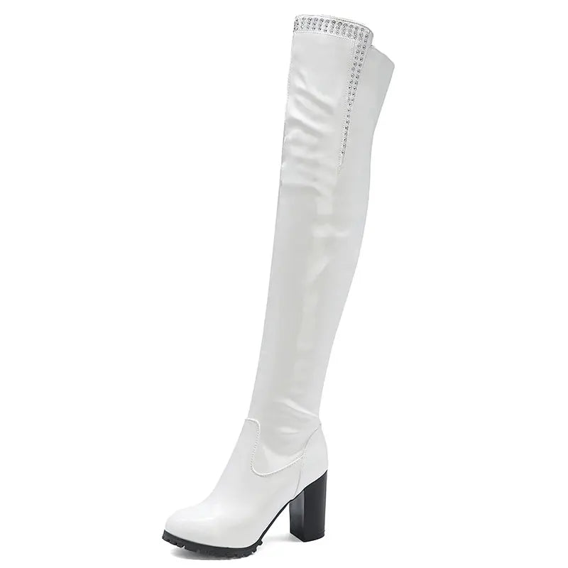 Shiny Patent Leather Square Heel Over The Knee Boots