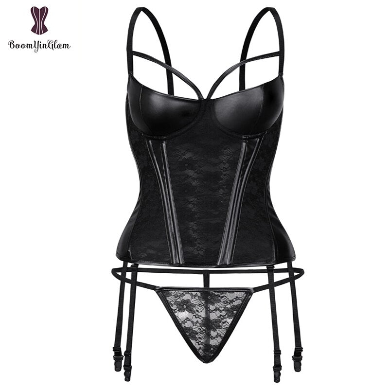 Faux Leather And Lace Corset Bustier - Your Shiny Clothes