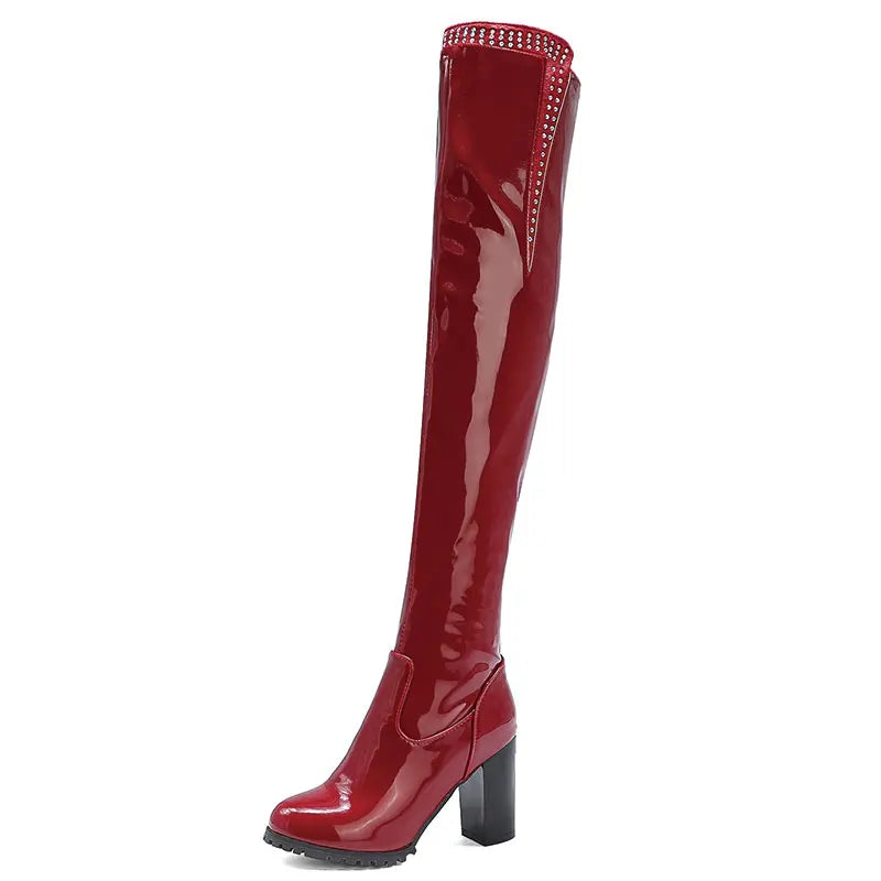 Shiny Patent Leather Square Heel Over The Knee Boots