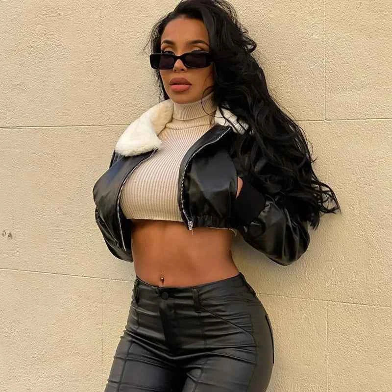 Cropped Thick Faux Leather Zipper Jacket With Faux Fur Collar