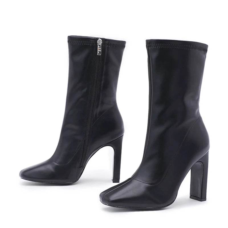 PU Leather Square Heel Ankle Boots - Your Shiny Clothes