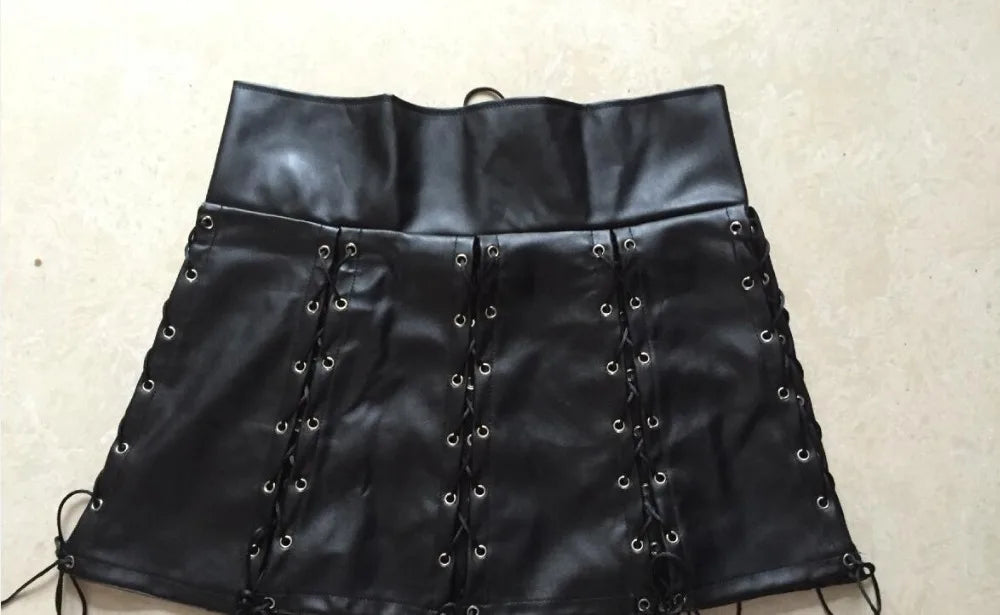 Black Lace Up PU Leather Skirt - Your Shiny Clothes