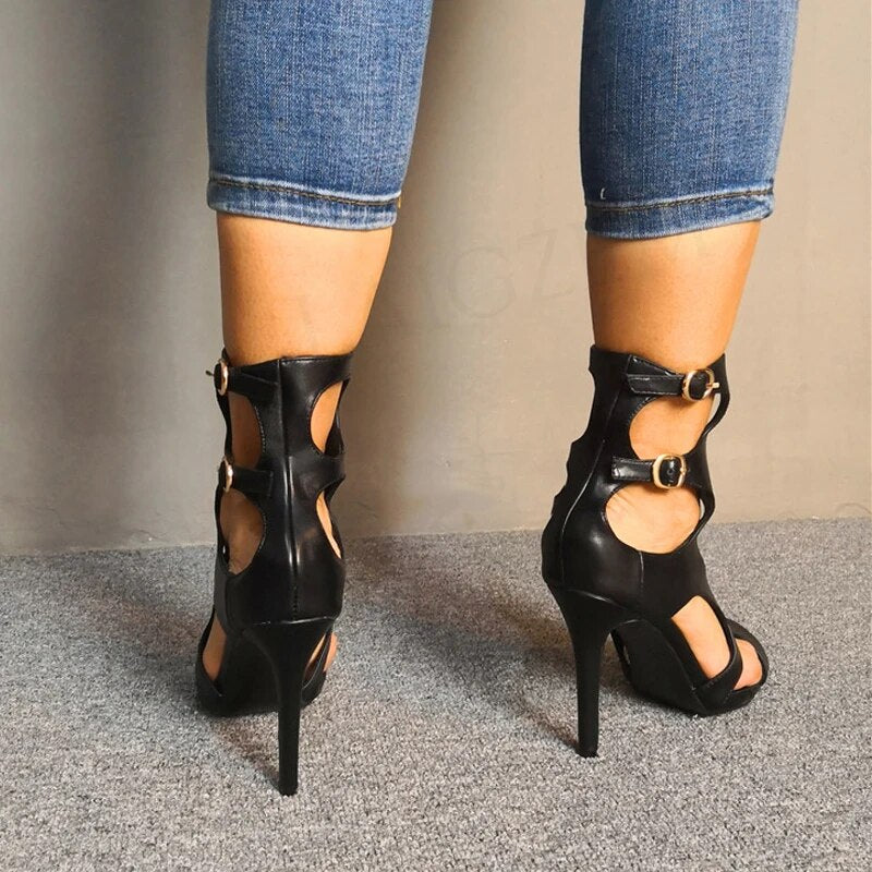 Faux Leather High Heel Cut Out Sandals - Your Shiny Clothes