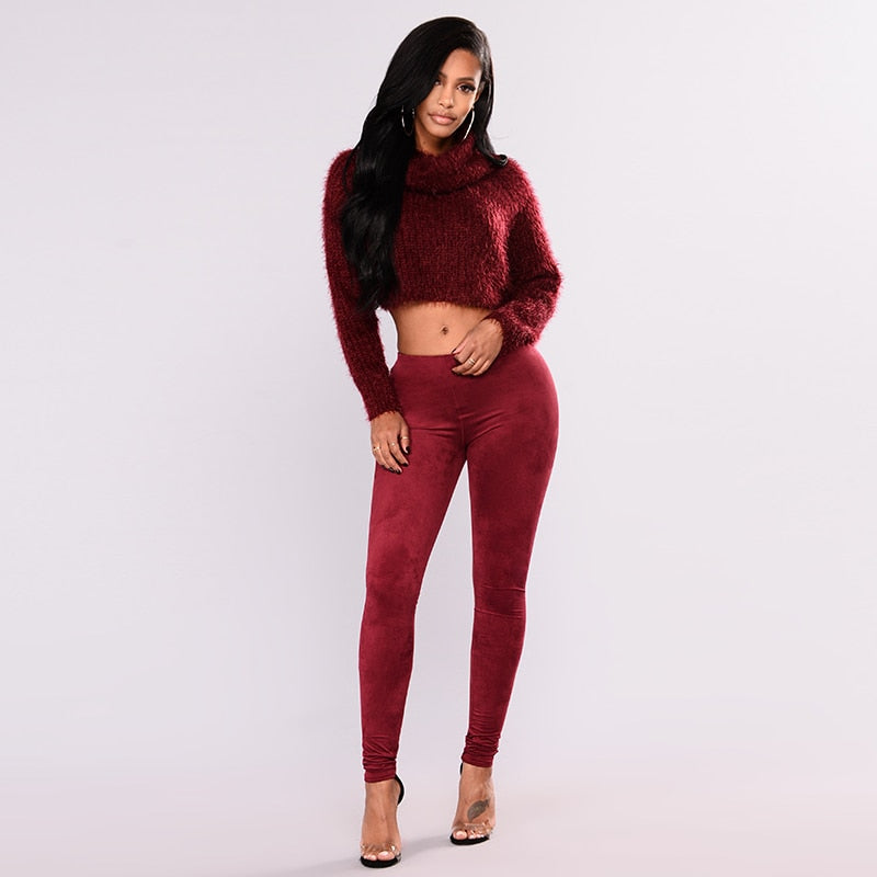 High Waist Burgundy Faux Suede Leather Leggings - Your Shiny Clothes