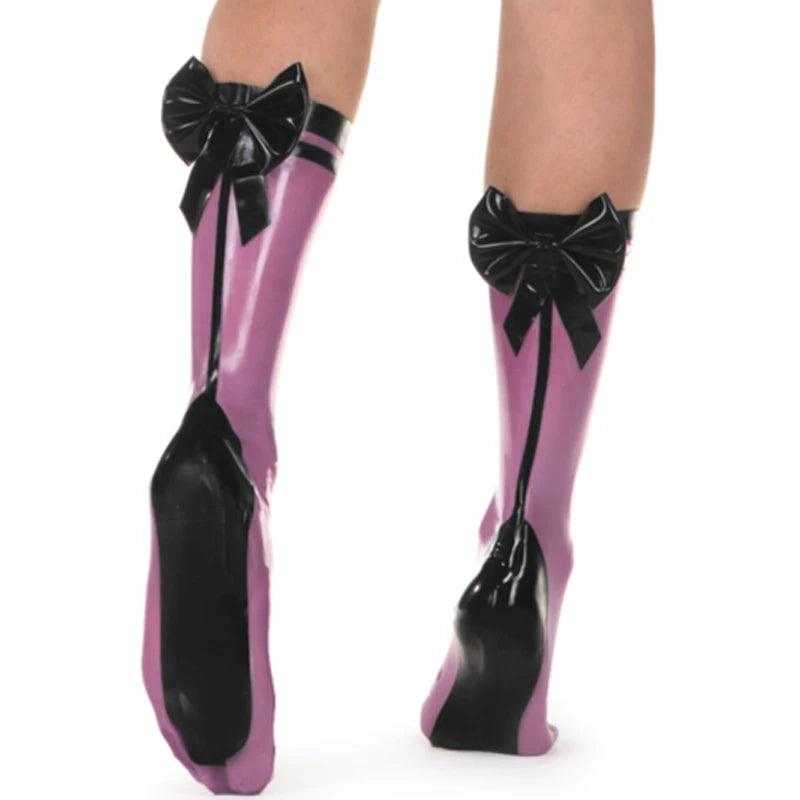 Black And Transparent Purple Latex Rubber Socks With Bows - Your Shiny Clothes