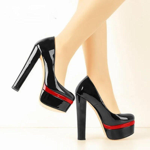 Black Faux Leather Platform Chunky High Heels - Your Shiny Clothes