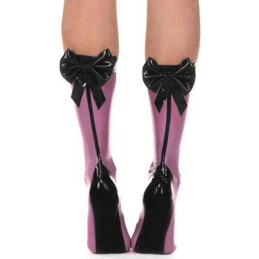 Black And Transparent Purple Latex Rubber Socks With Bows - Your Shiny Clothes
