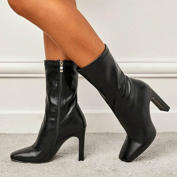 PU Leather Square Heel Ankle Boots - Your Shiny Clothes
