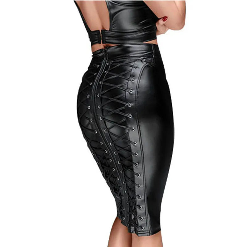 PU Back Lace Leather Skirt - Your Shiny Clothes
