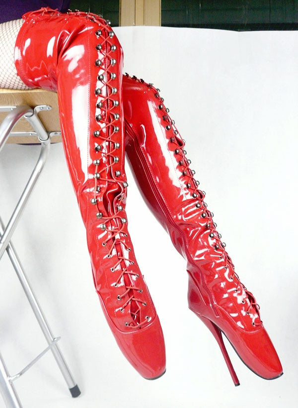 Extreme 18cm High Heel Over The Knee Lace Up Ballet Boots - Your Shiny Clothes