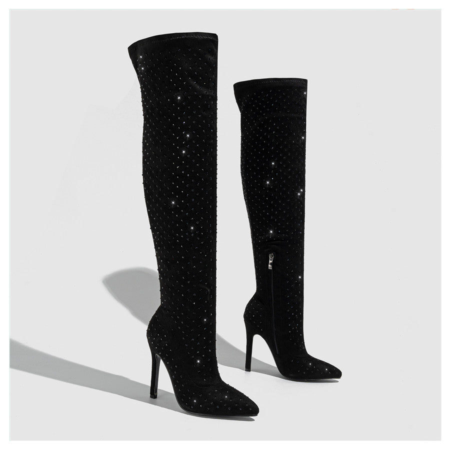 Rhinestone Covered Faux Suede Over The  Knee Boots