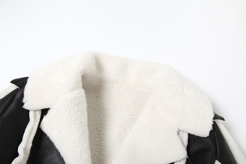 Faux Leather Short Fur Collar Cropped Coat