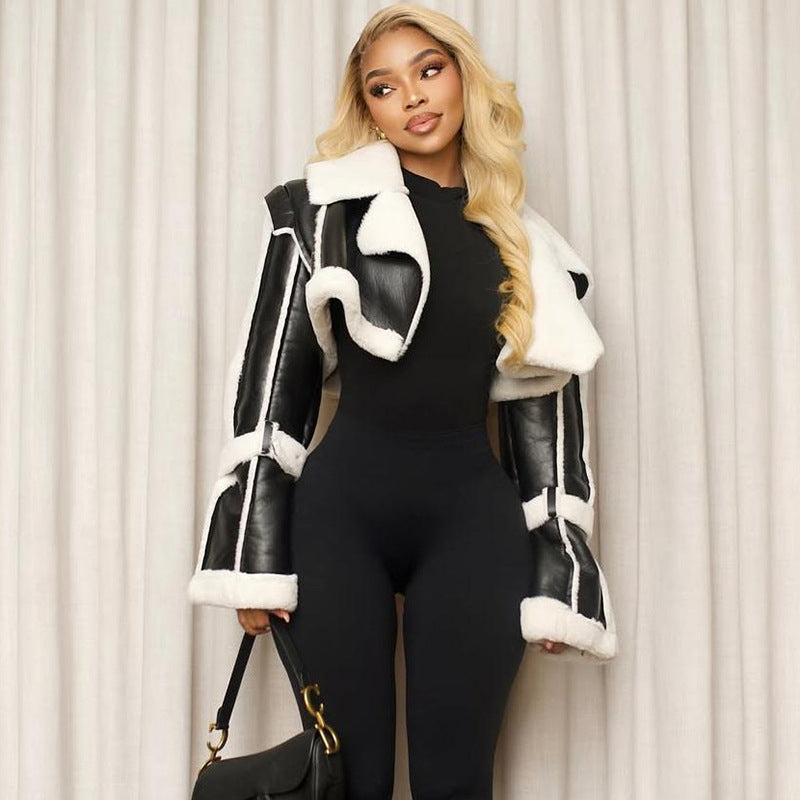 Faux Leather Short Fur Collar Cropped Coat