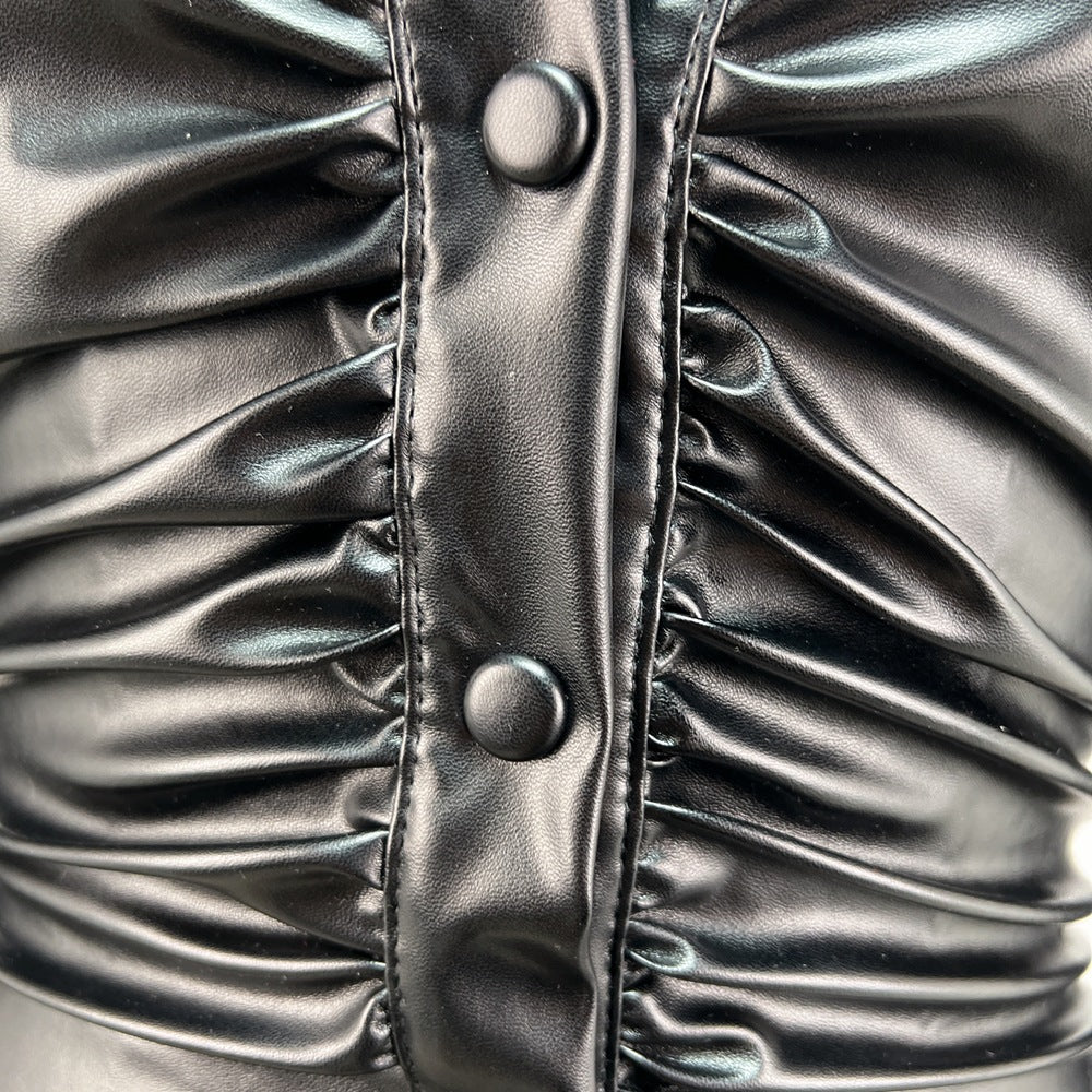 Faux Leather Collared Pleated Mini Dress