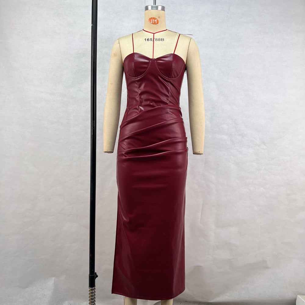 Women Clothing Elegant Faux Leather Sexy Tube Top Strap Fold Split Dress
