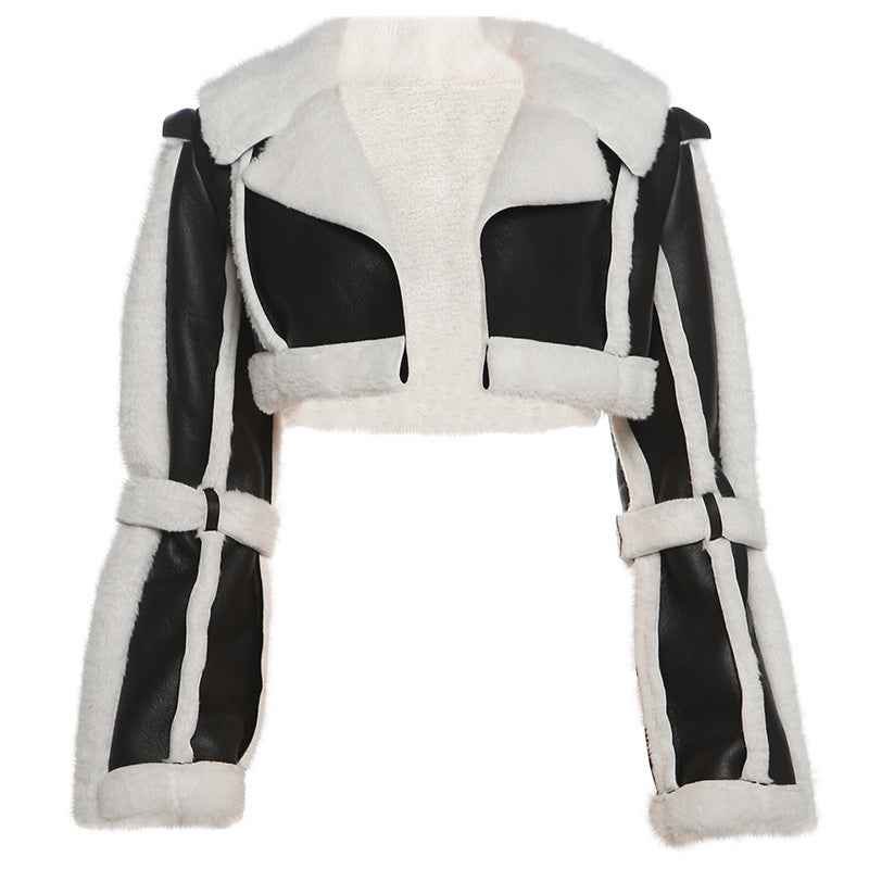 Women Clothing Street Faux Leather Stitching Short Fur Collar Cropped Coat