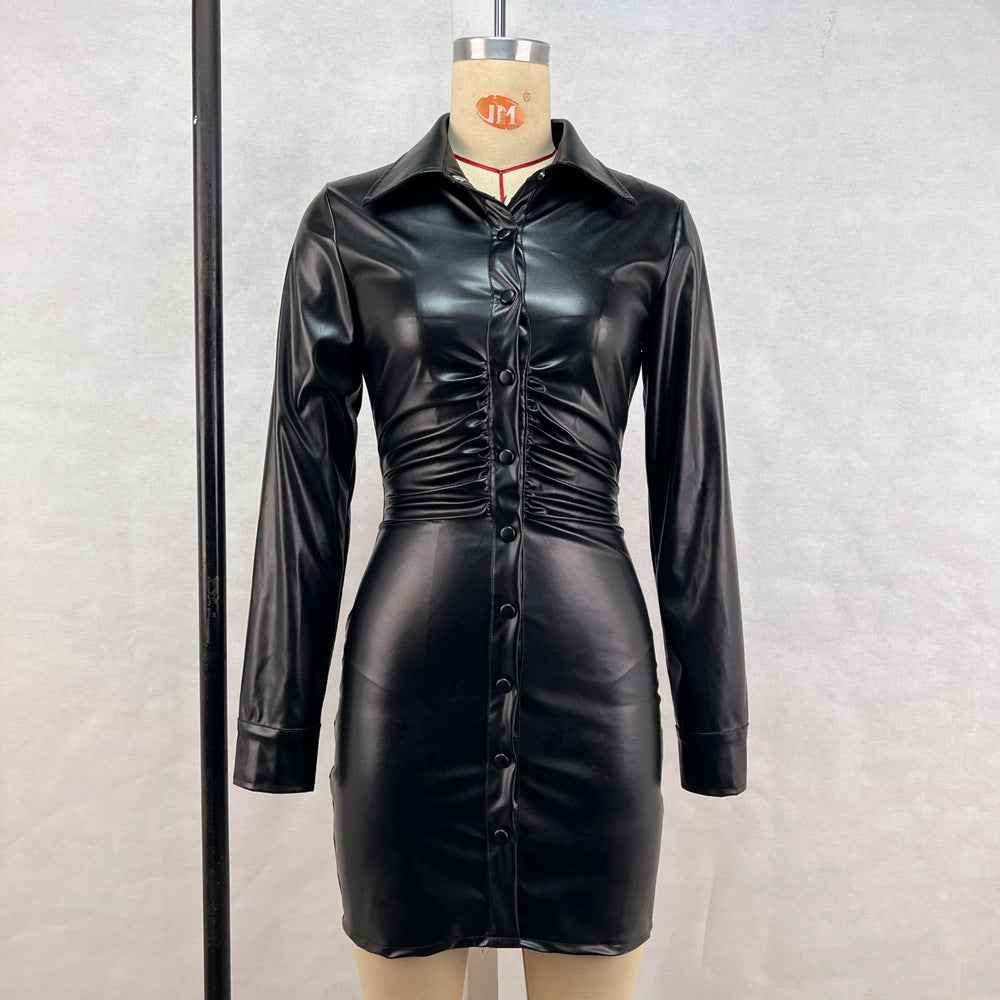 Autumn Winter Women Pleated Slim Single Breasted Long Sleeve Dress