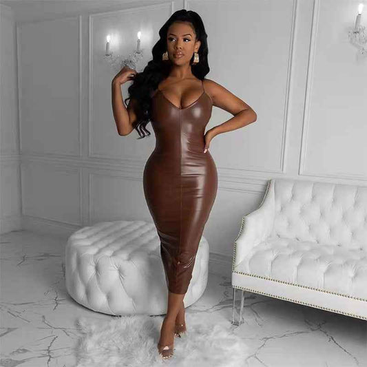 Popular Sexy Sling Waist Slimming Sheath Split Faux Leather Dress for Women Nightclub Uniforms