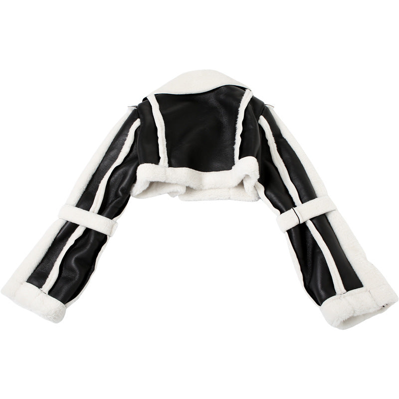 Faux Leather Short Fur Collar Cropped Coat