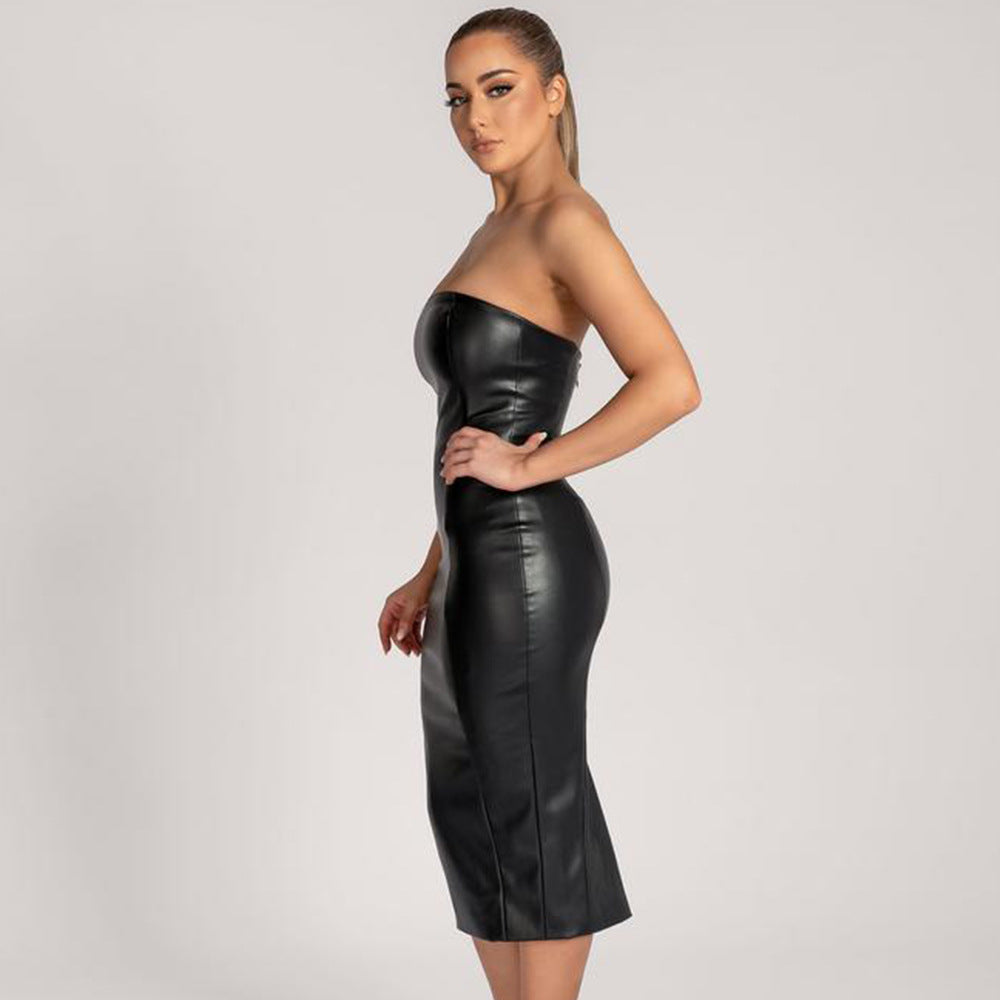 Faux Leather Slim-Fit Strapless Midi Dress with Back Slit