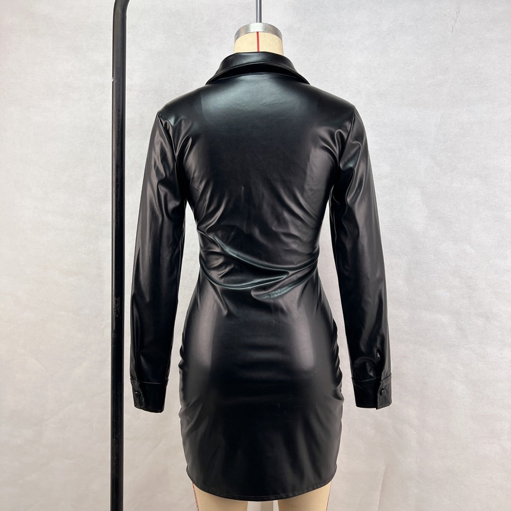 Faux Leather Collared Pleated Mini Dress