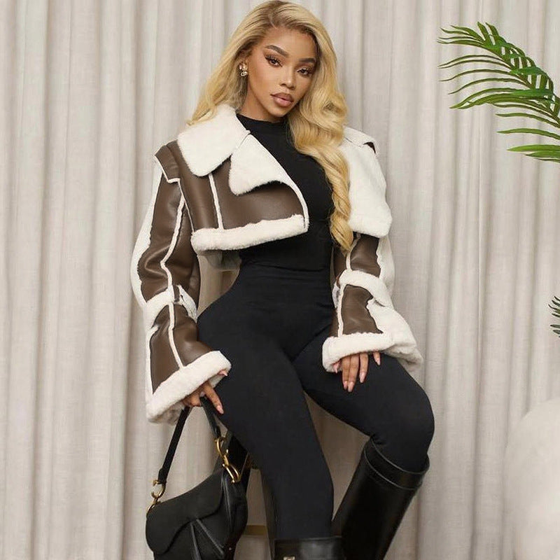 Faux Leather Short Fur Collar Cropped Coat