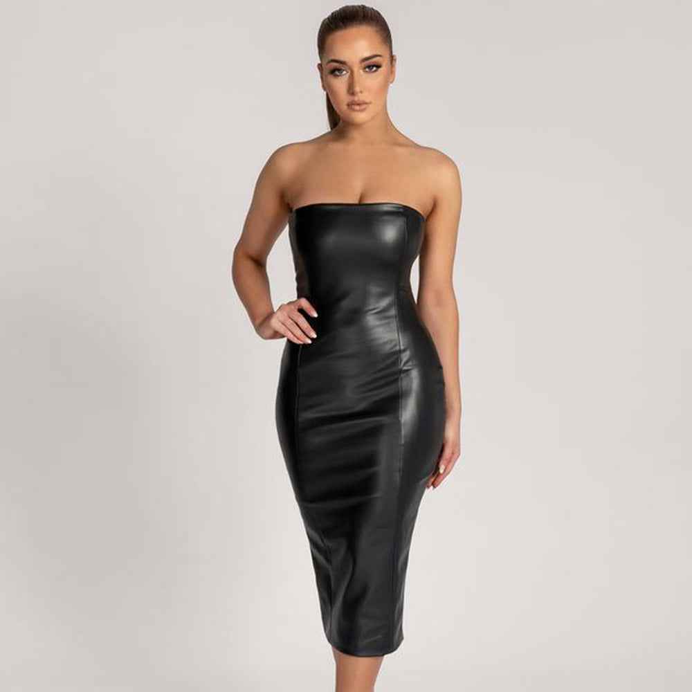 Autumn Winter Solid Color Faux Leather Elegant Slim-Fit Tube Top Back Slit Sexy Midi Dress