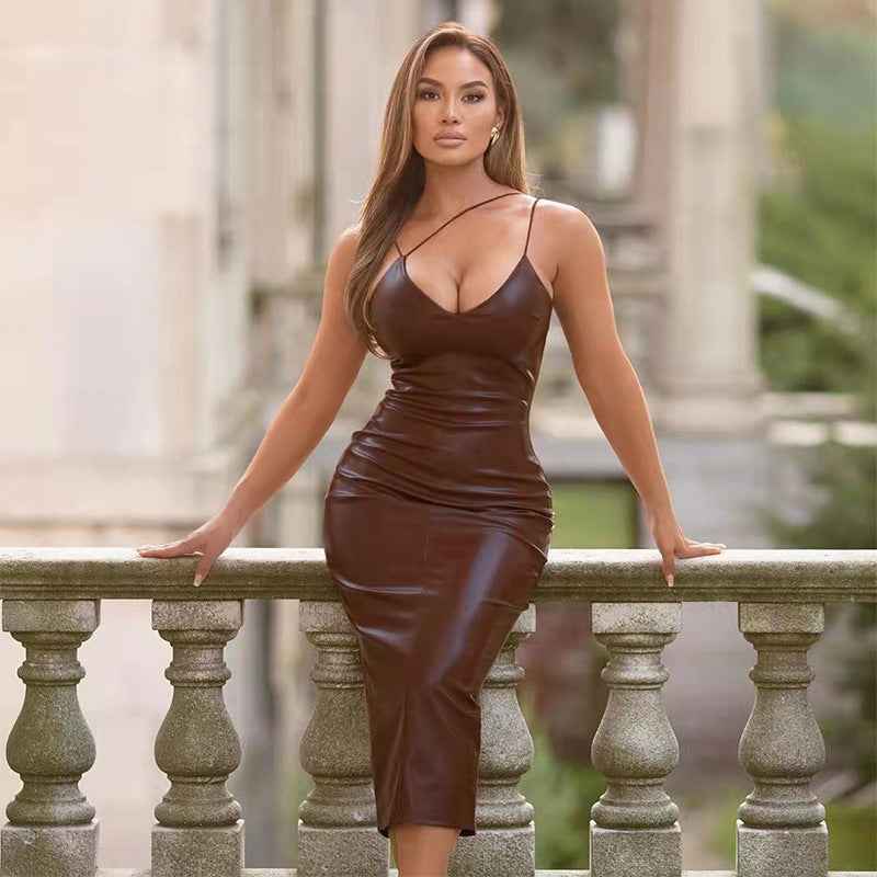 Popular Sexy Sling Waist Slimming Sheath Split Faux Leather Dress for Women Nightclub Uniforms