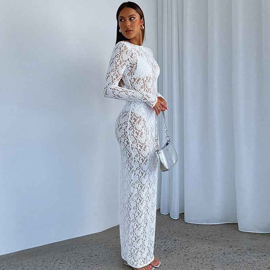 Women Clothing Spring Summer Solid Color Lace See through Long Sleeve Mid Length Dress