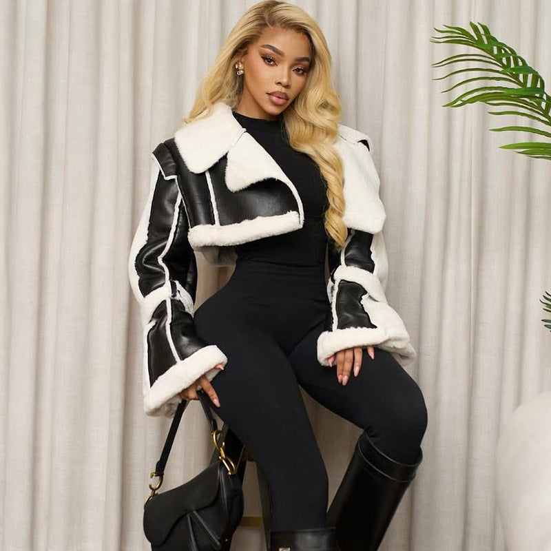 Faux Leather Short Fur Collar Cropped Coat
