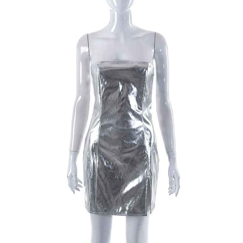 Women Clothing Spring Summer Metallic Color Tube Top Cinched Waist Package Hip Split Ladies Dress Women