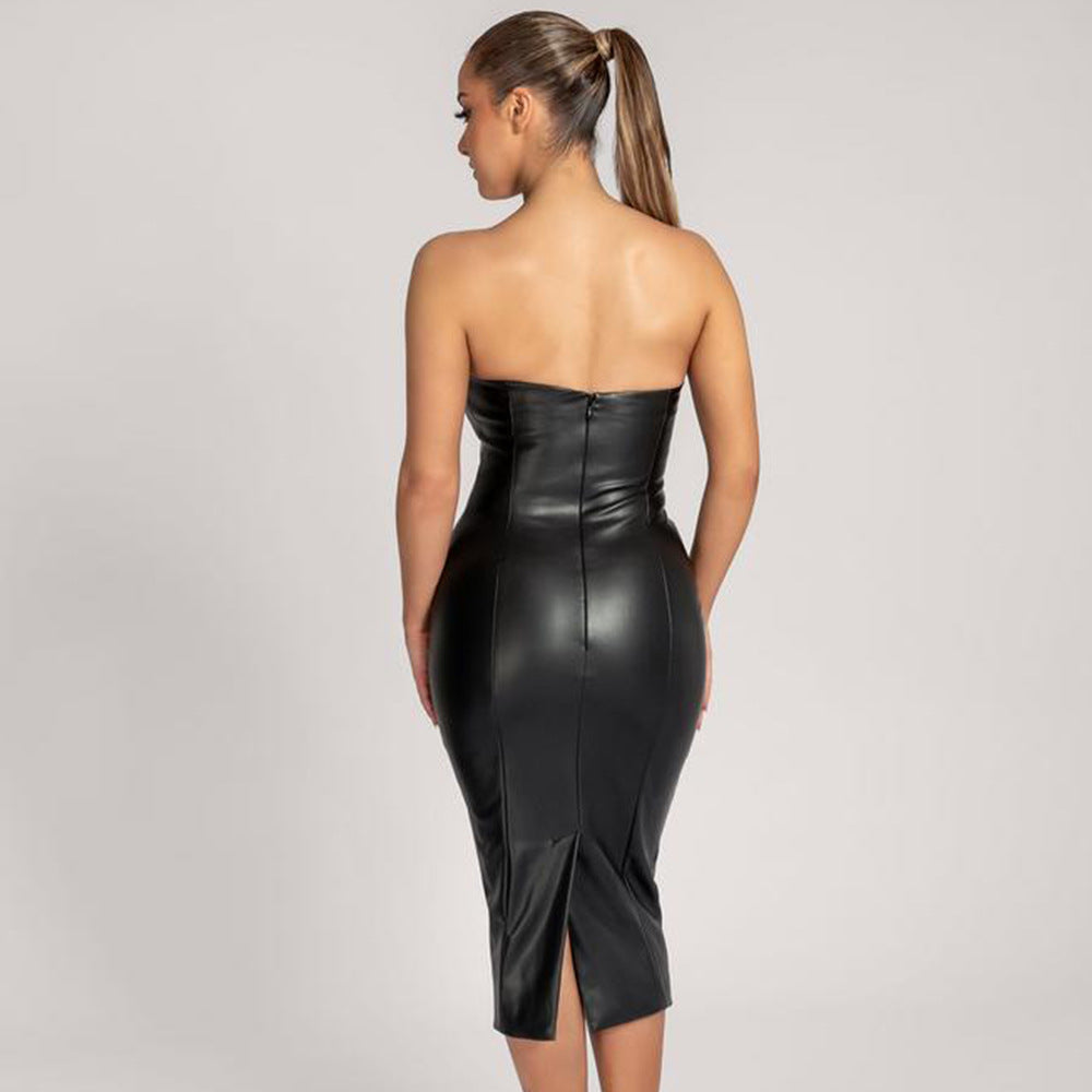 Faux Leather Slim-Fit Strapless Midi Dress with Back Slit