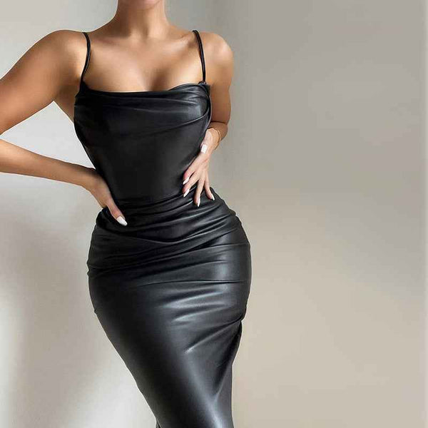 Party Dress Women Nightclubs Sexy Faux Leather Pleated Cami Dress Women