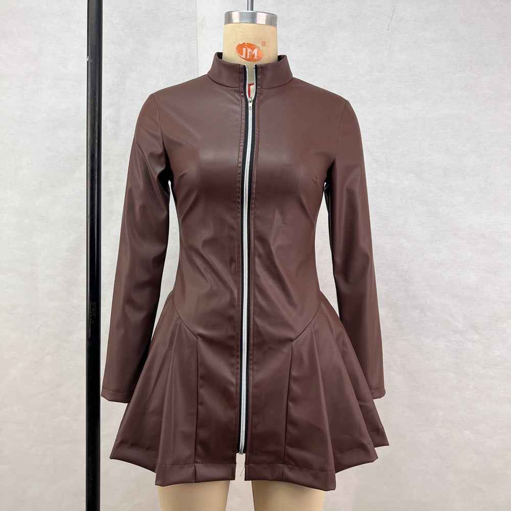 Women Fashionable Fitted Long Sleeve Pleated Faux Leather Zipper Dress