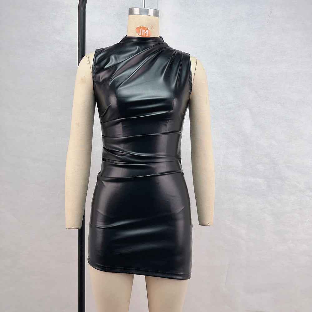 Women Clothing Autumn Winter Stand Collar Sleeveless Pleated Waist Tight Sheath Dress Irregular Asymmetric Faux Leather