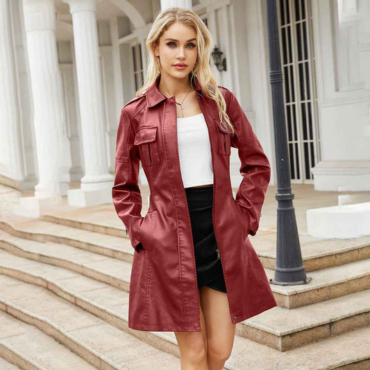 Mid Length Leather Coat With Belt Spring Autumn Long Sleeve Leather Wind Coat British Coat Women