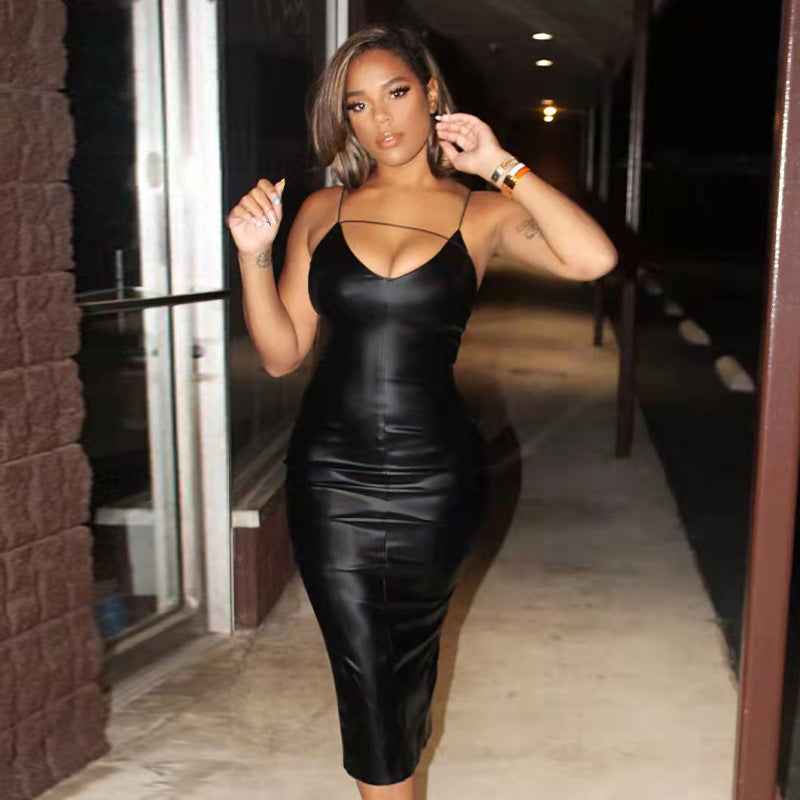 Popular Sexy Sling Waist Slimming Sheath Split Faux Leather Dress for Women Nightclub Uniforms