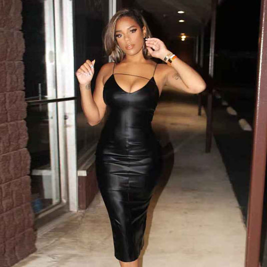 Popular Sexy Sling Waist Slimming Sheath Split Faux Leather Dress for Women Nightclub Uniforms