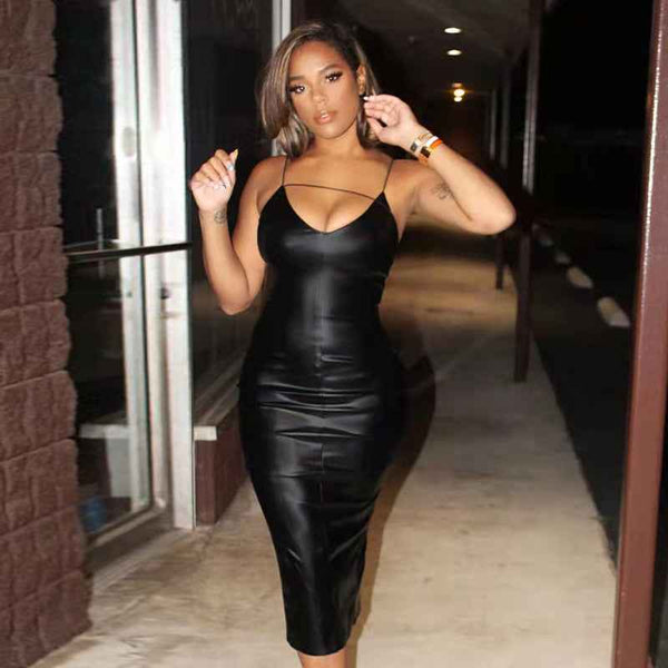 Popular Sexy Sling Waist Slimming Sheath Split Faux Leather Dress for Women Nightclub Uniforms