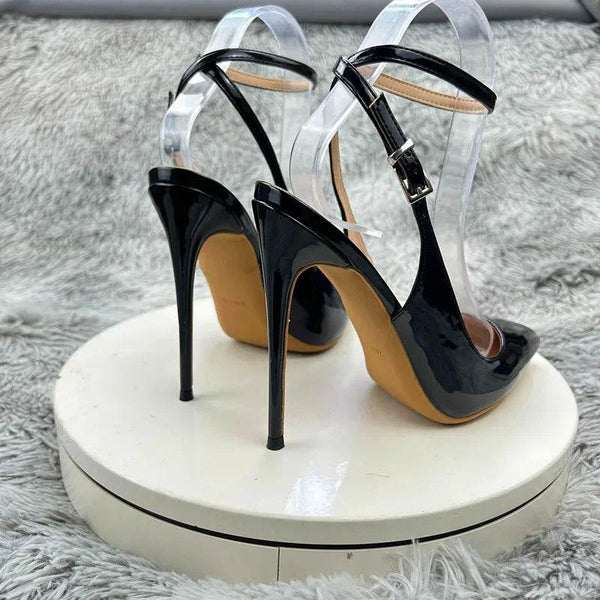 Elegant Black Pointed Toe Sling Back Patent Leather Stiletto Heel Pumps - Your Shiny Clothes