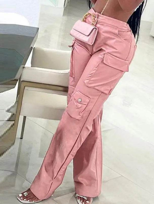 Pink Faux Leather Cargo Pants - Your Shiny Clothes