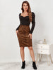 High Waist Faux Suede Midi Pencil Leopard Print Skirt