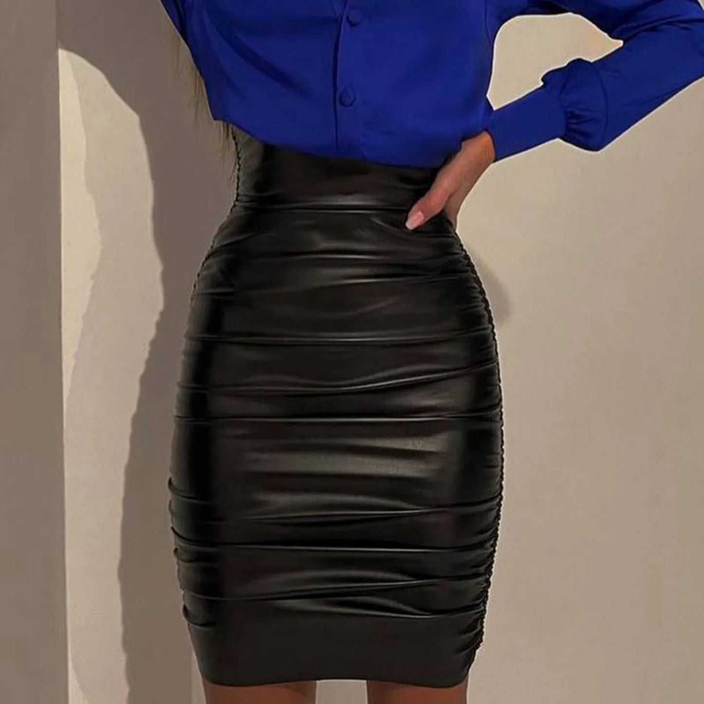 Black PU Leather Pleated Wrap Skirt