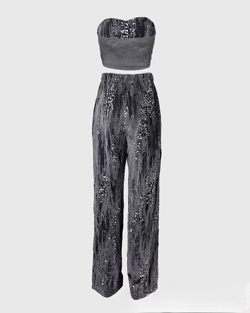 Dark Gray Suede Sequined Tube Top and Casual Straight-leg Tracksuit