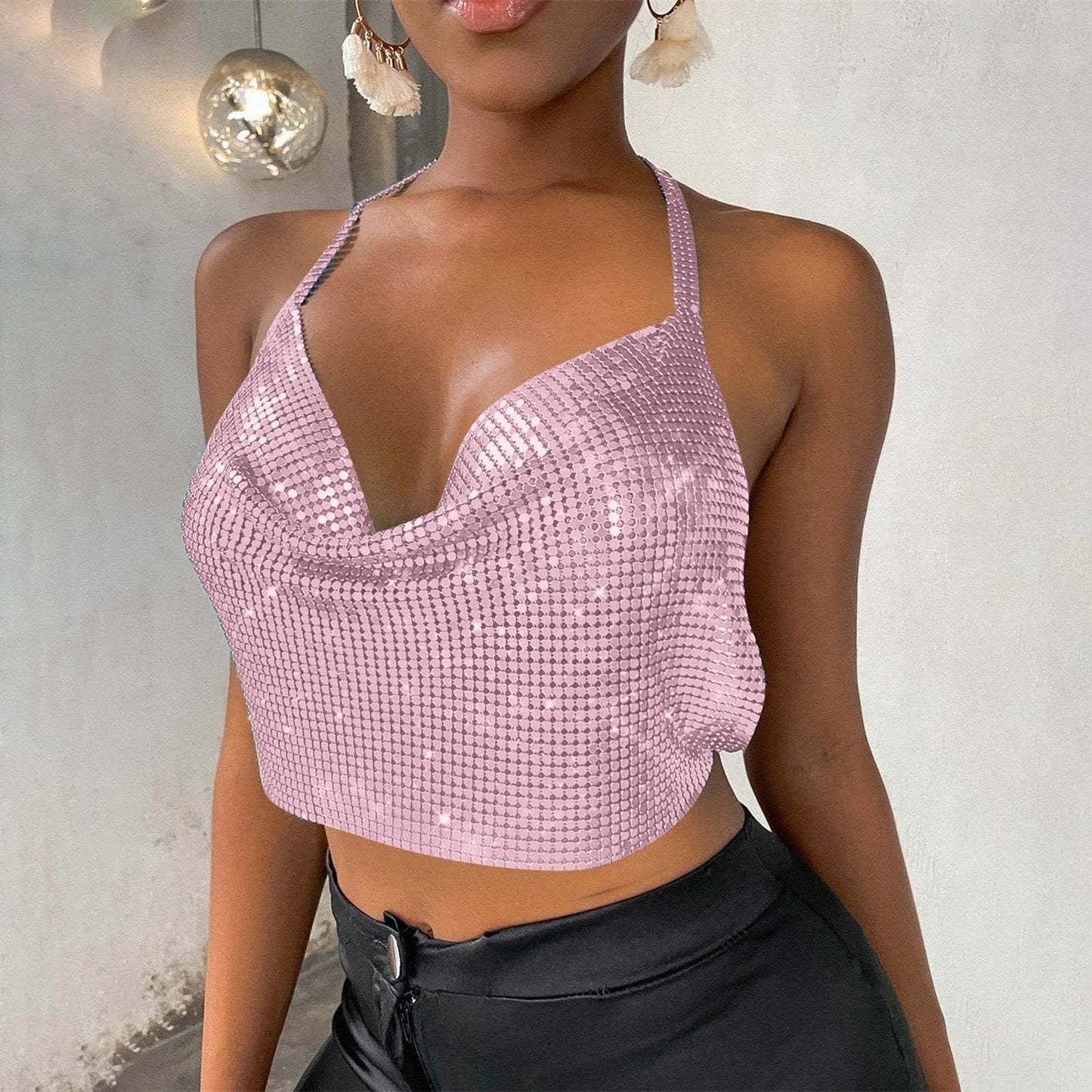 Bling Metal Sequins Halter Crop Top